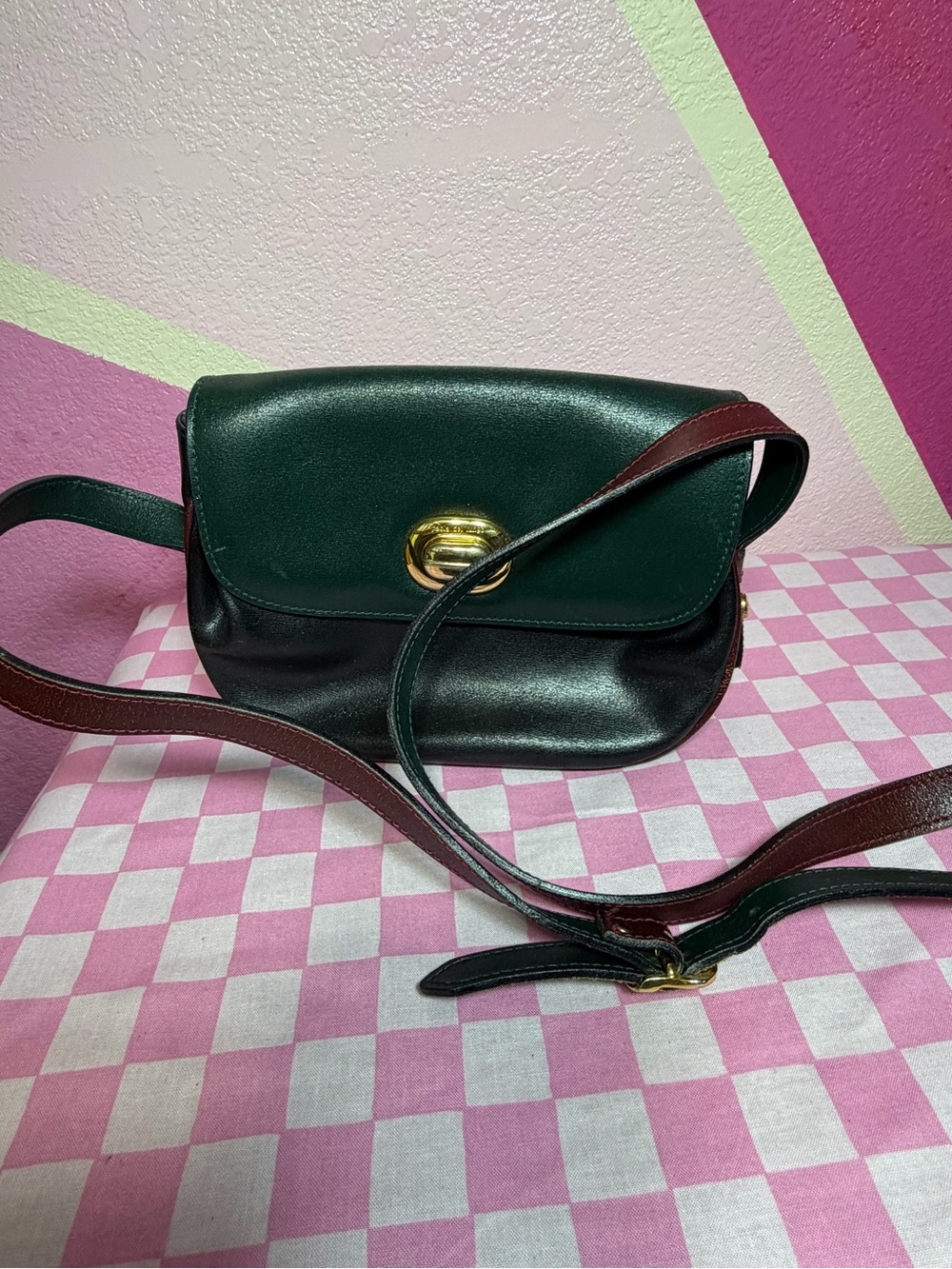 Vintage Paola Del Lungo Green Leather Crossbody Bag Italy